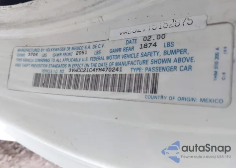 2000 Volkswagen New Beetle Gls from USA, damaged, VIN 3VWCC21C4YM470241